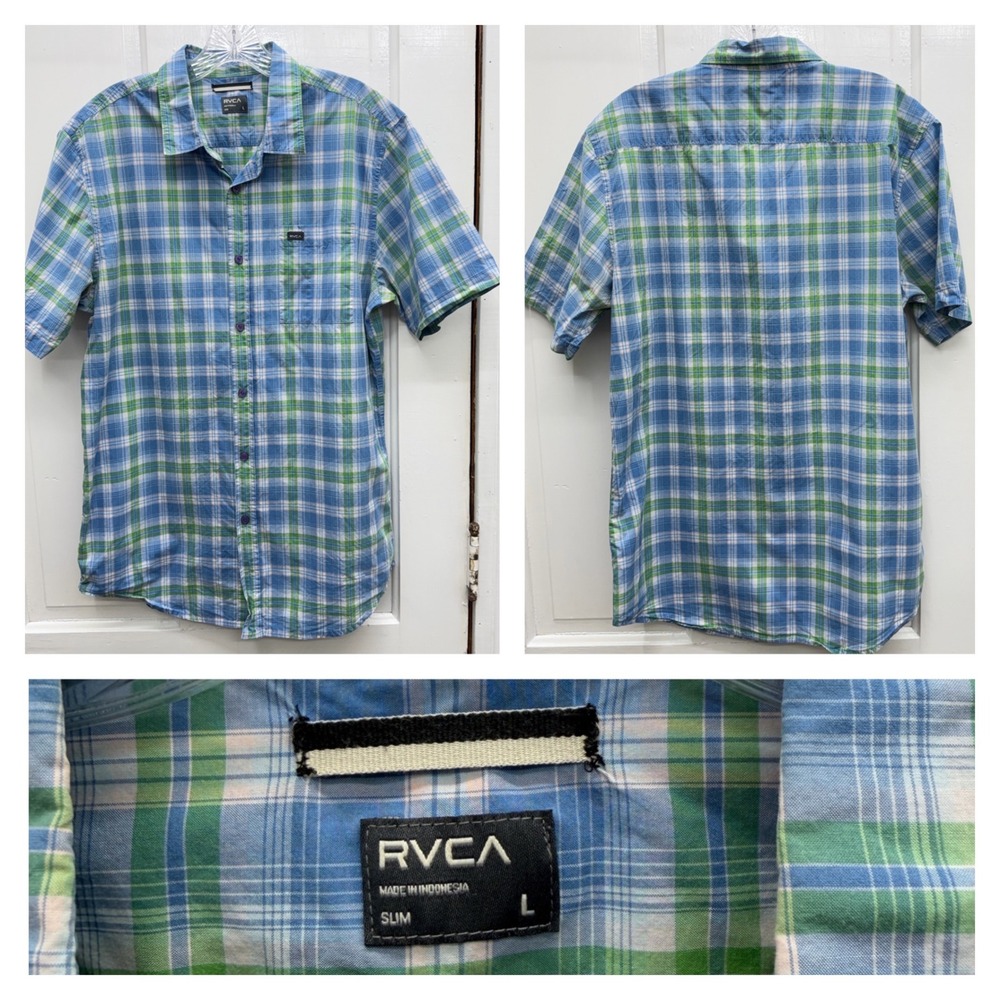 RVCA Slim Lightweight Button Down Short Sleeve Shirt Blue Green Plaid Mens Large